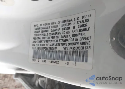 2012 Honda Civic Lx z USA, uszkodzony, nr VIN 19XFB2F58CE347087